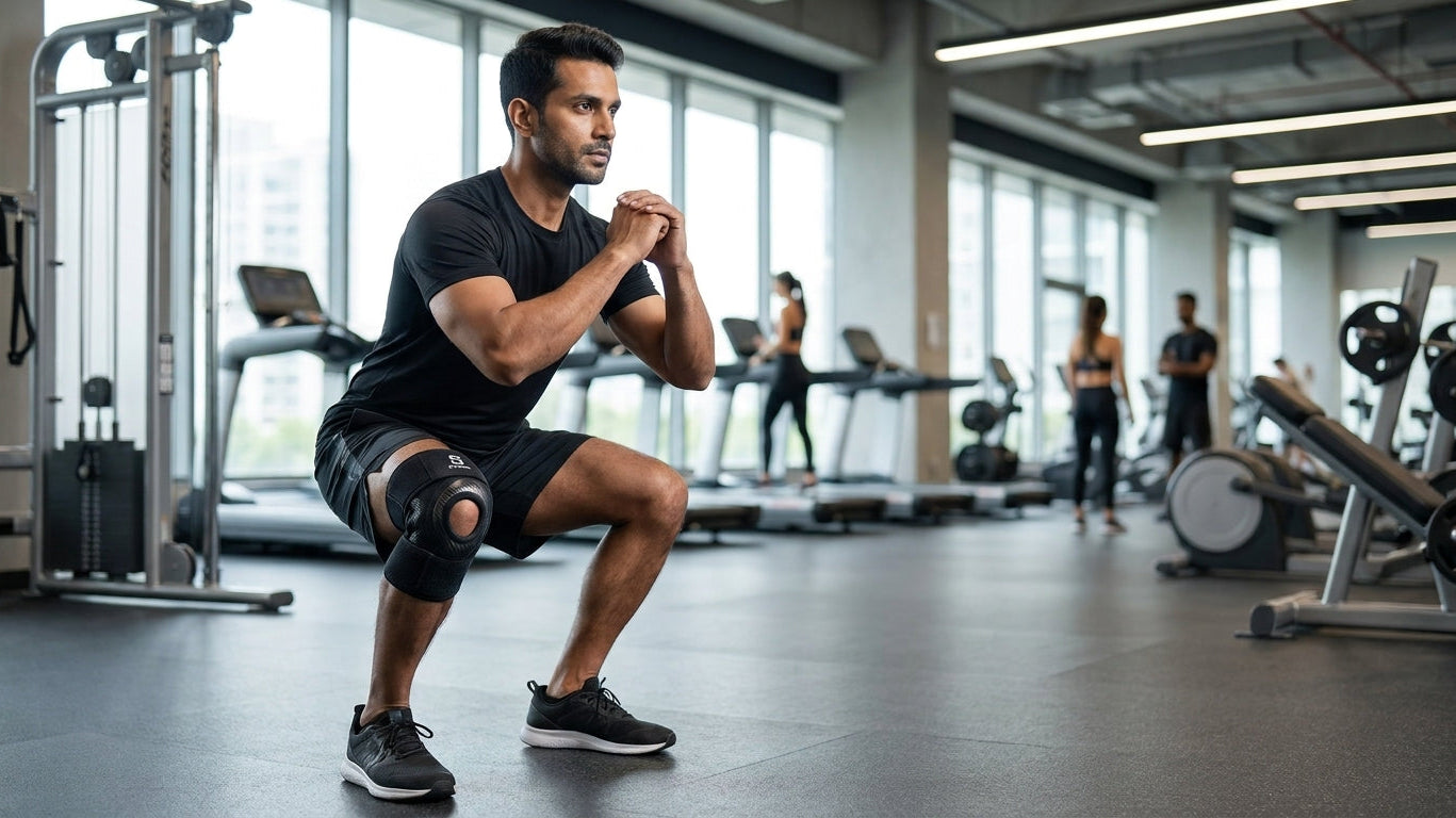 Indian gym user wearing Kinexo Open-Patella Knee Brace during a controlled squat.