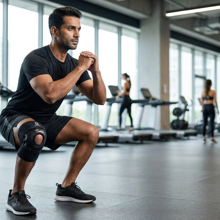 Indian gym user wearing Kinexo Open-Patella Knee Brace during a controlled squat.