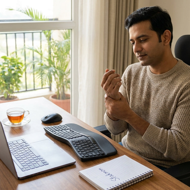 Indian desk worker experiencing mild wrist discomfort after typing.