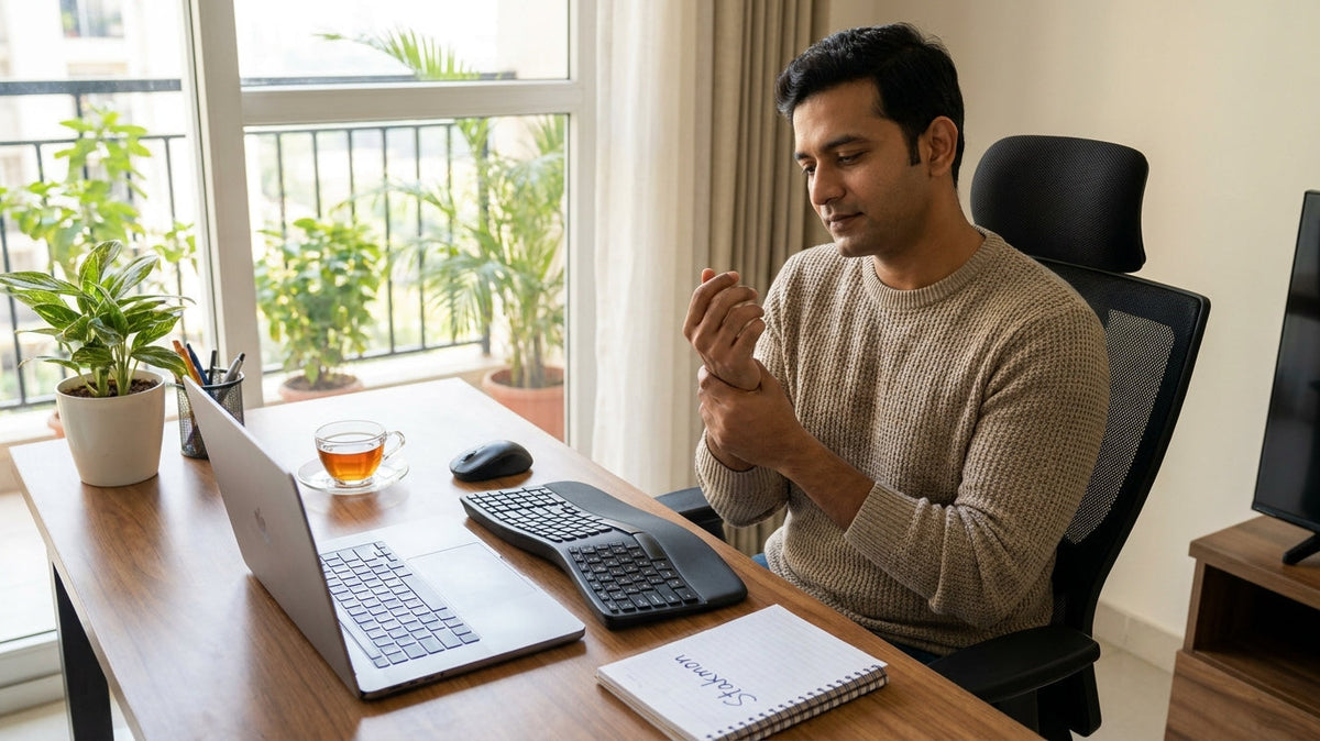 Indian desk worker experiencing mild wrist discomfort after typing.