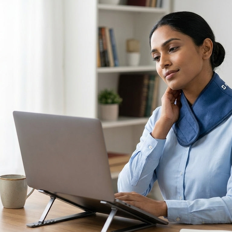 Indian office worker experiencing mild neck stiffness after laptop work.