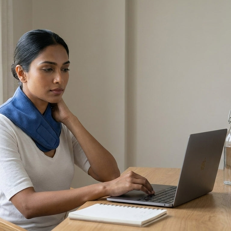 Indian office worker experiencing laptop neck pain during home office work.