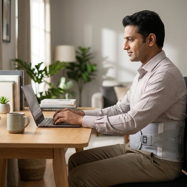 Indian office worker wearing lumbar sacral belt while working