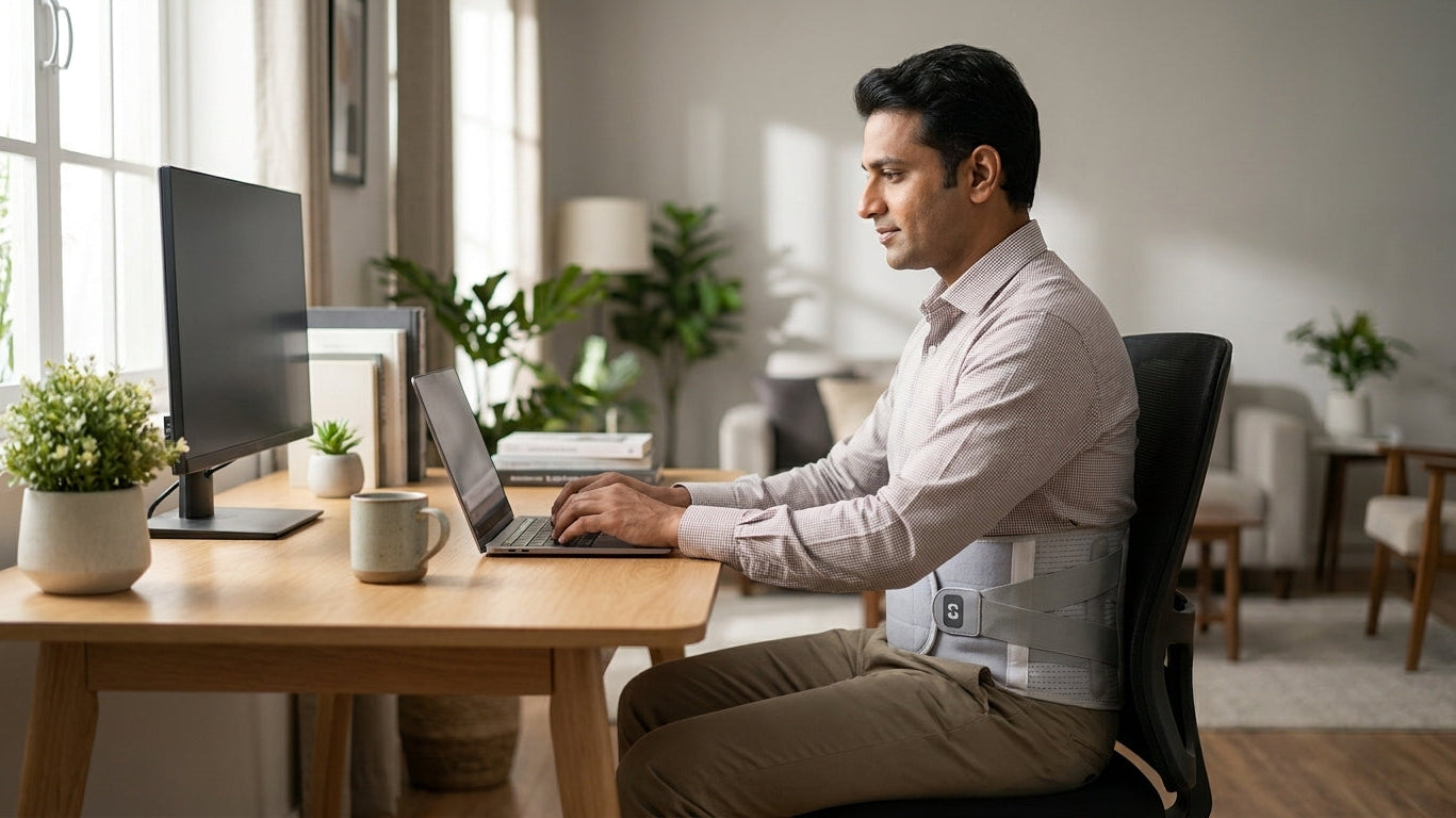 Indian office worker wearing lumbar sacral belt while working