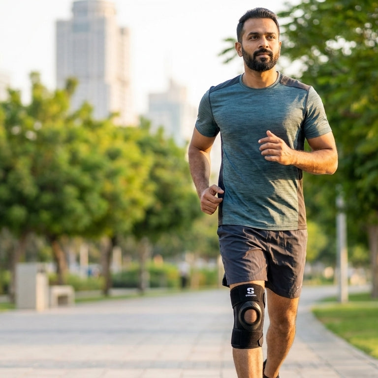 Indian runner wearing Kinexo Open-Patella Knee Brace during a morning jog.