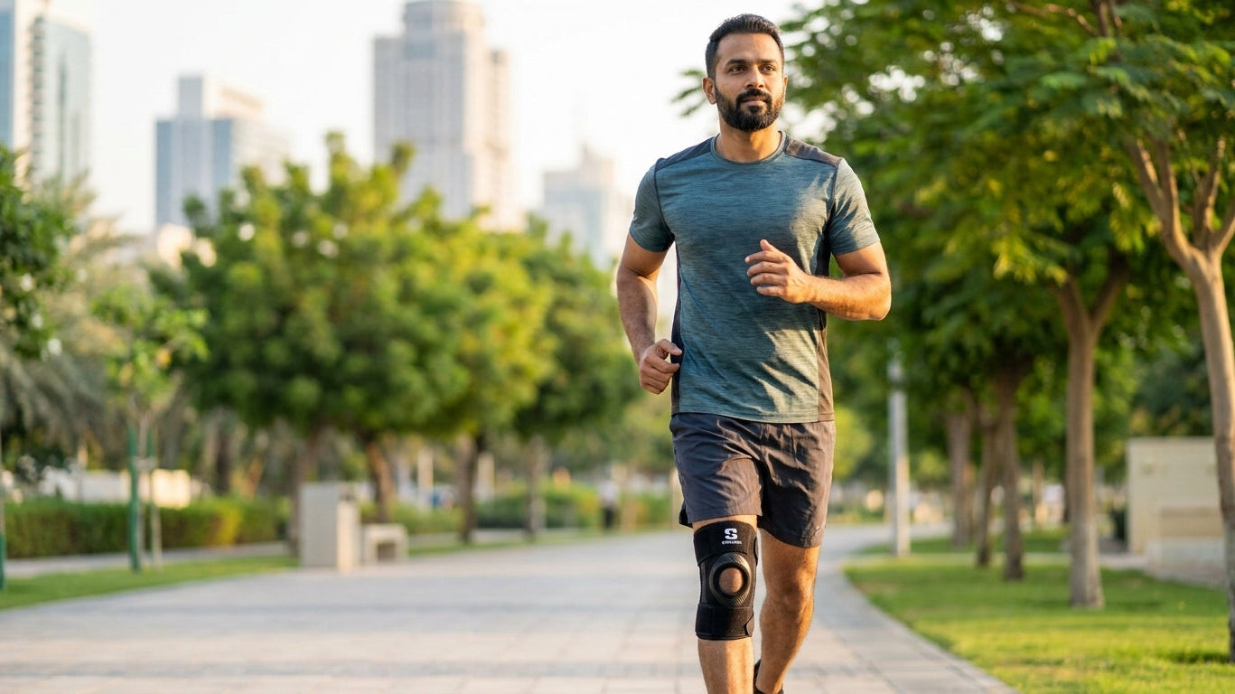 Indian runner wearing Kinexo Open-Patella Knee Brace during a morning jog.