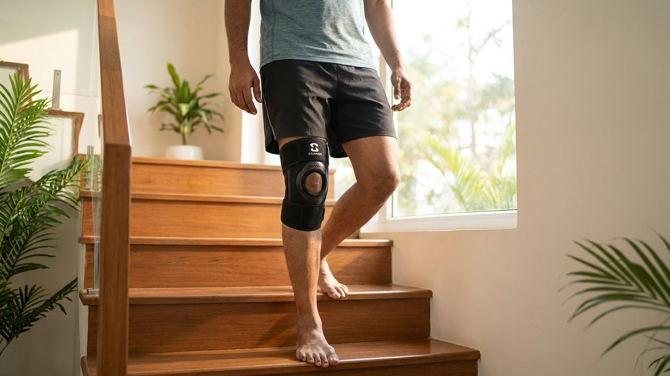 Indian adult wearing open-patella knee brace for daily movement