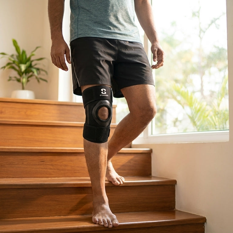 Indian adult wearing open-patella knee brace for daily movement