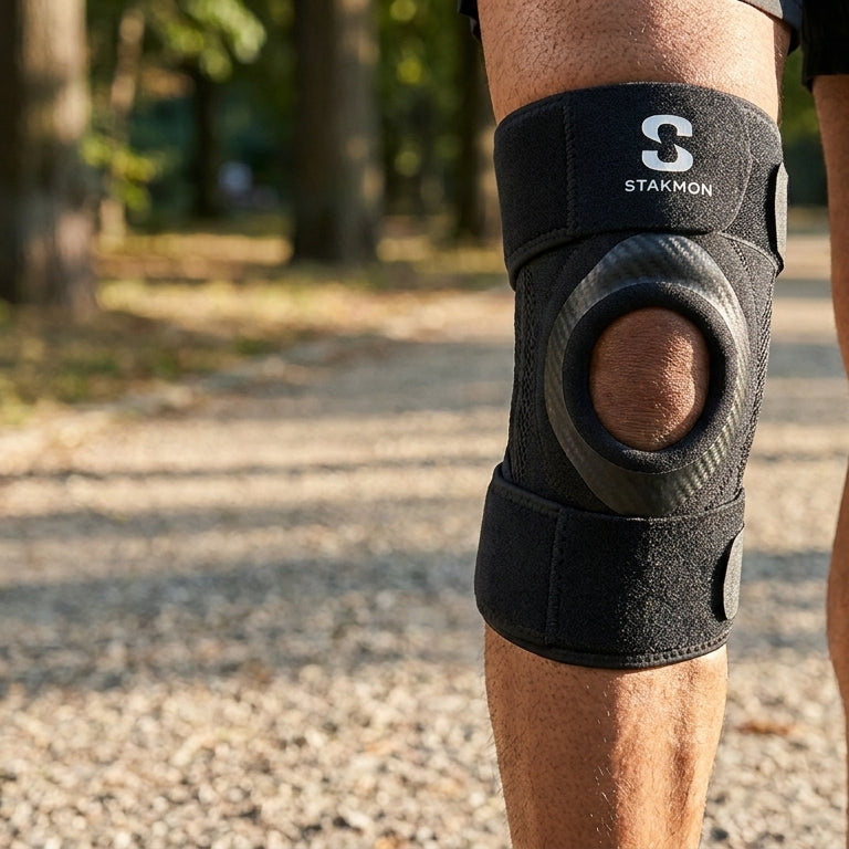 Indian adult sitting after knee discomfort deciding between rest and knee support