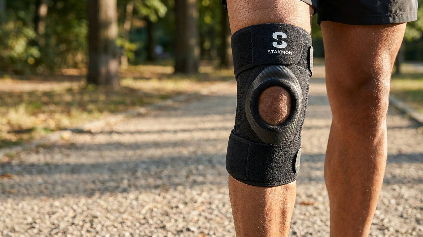 Indian adult sitting after knee discomfort deciding between rest and knee support