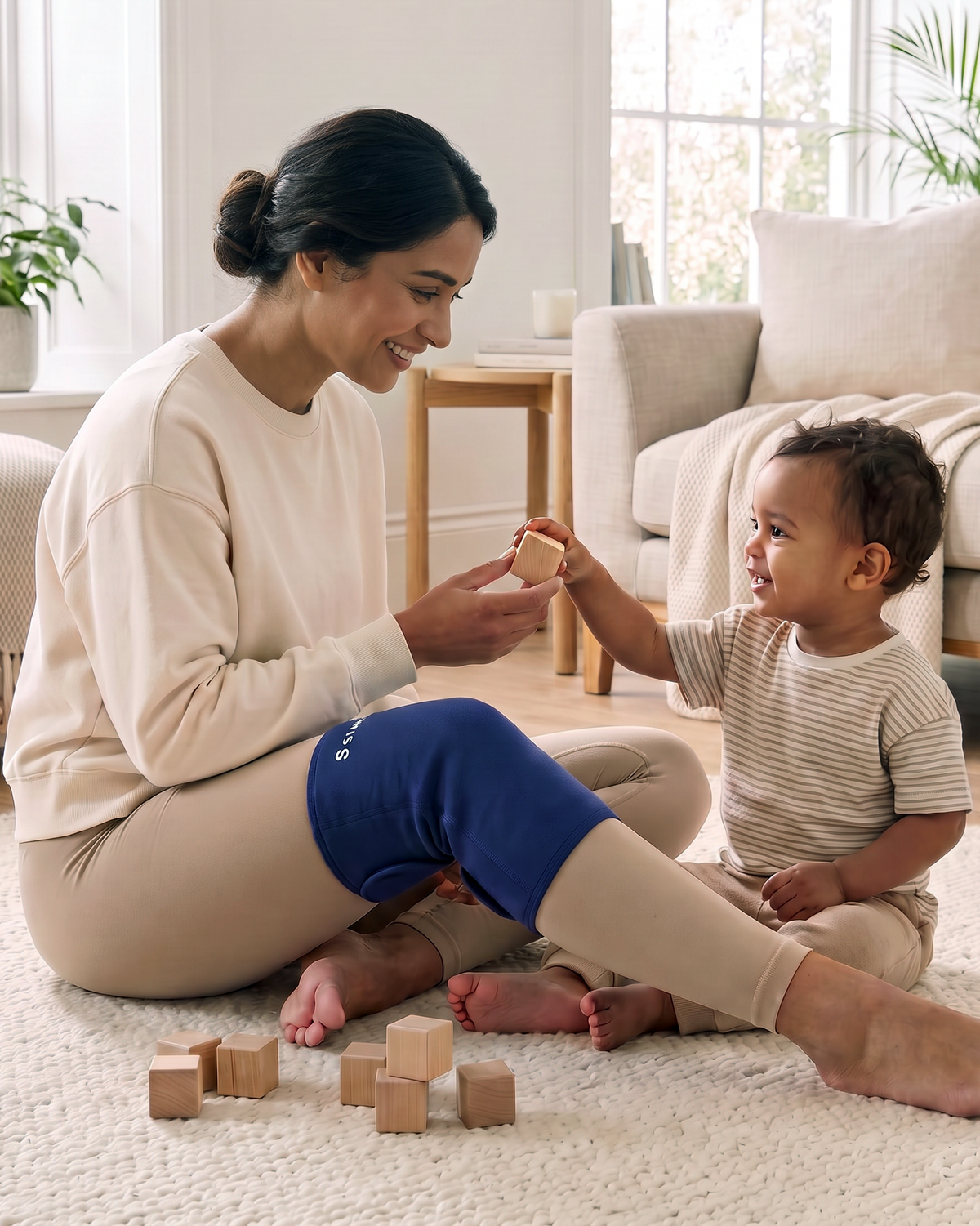 Woman wearing a knee support wrap while playing with her child