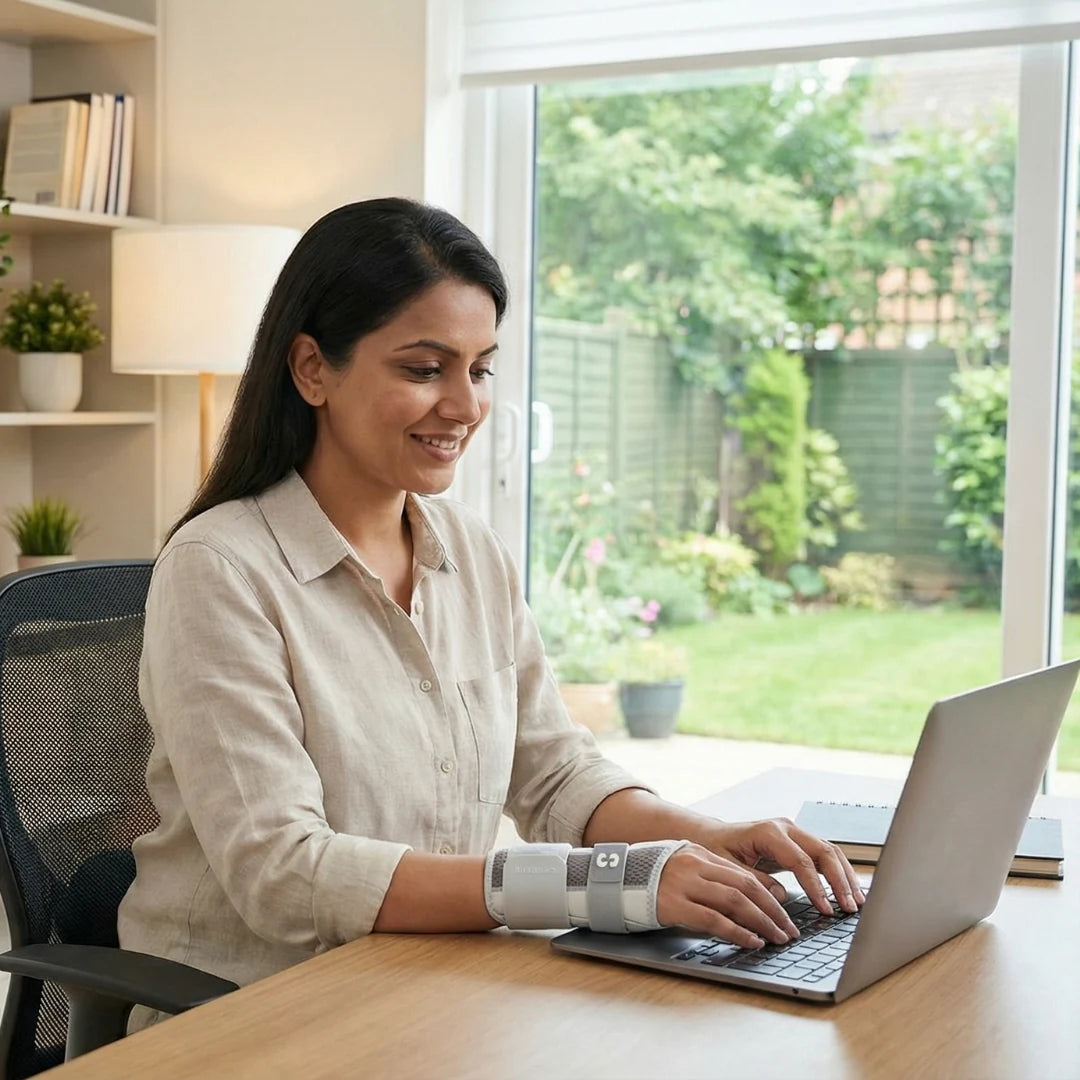 Woman typing on a laptop wearing a Stakmon wrist splint