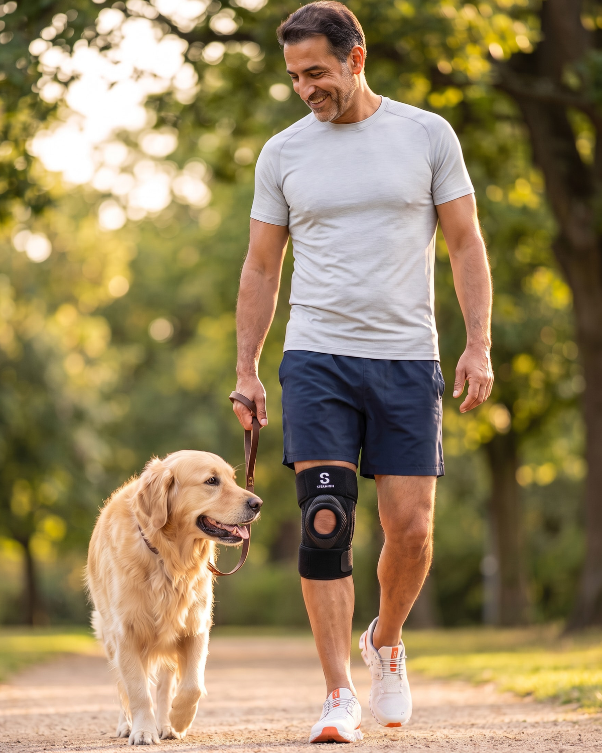 Man wearing a knee brace while walking his dog