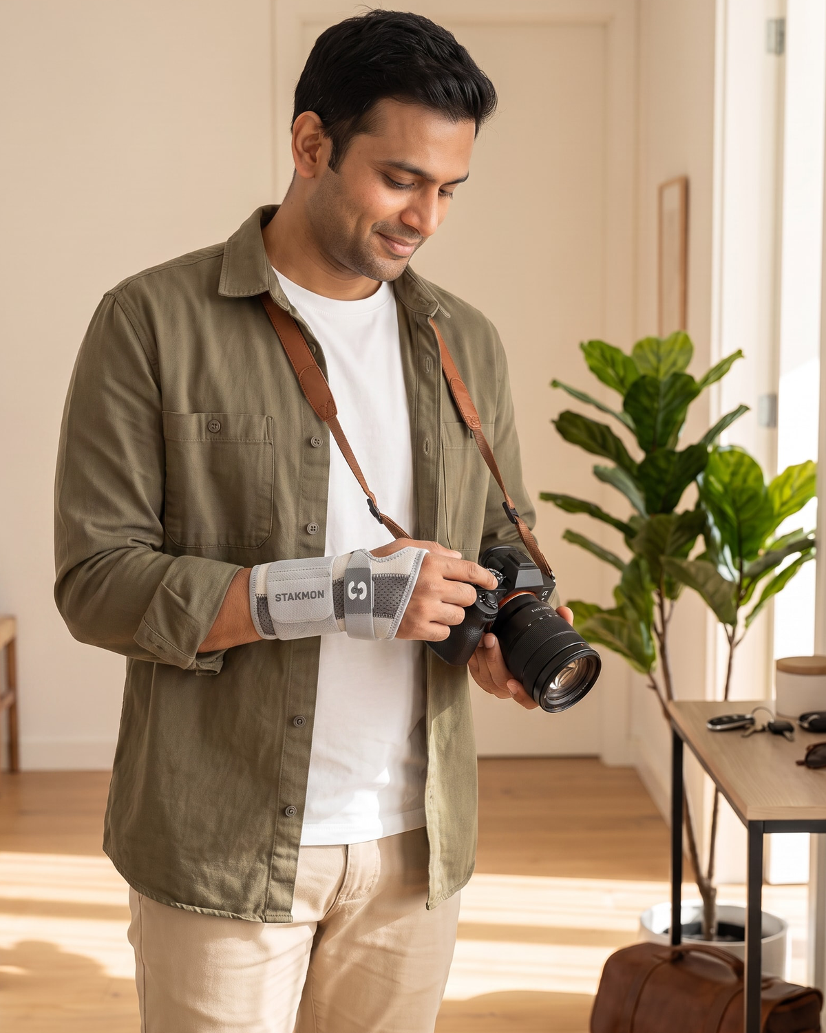 Man wearing a wrist splint while holding a camera