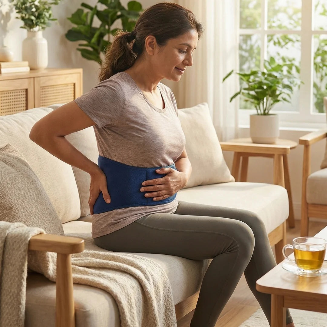 Woman seated on a sofa wearing a lumbar compression wrap