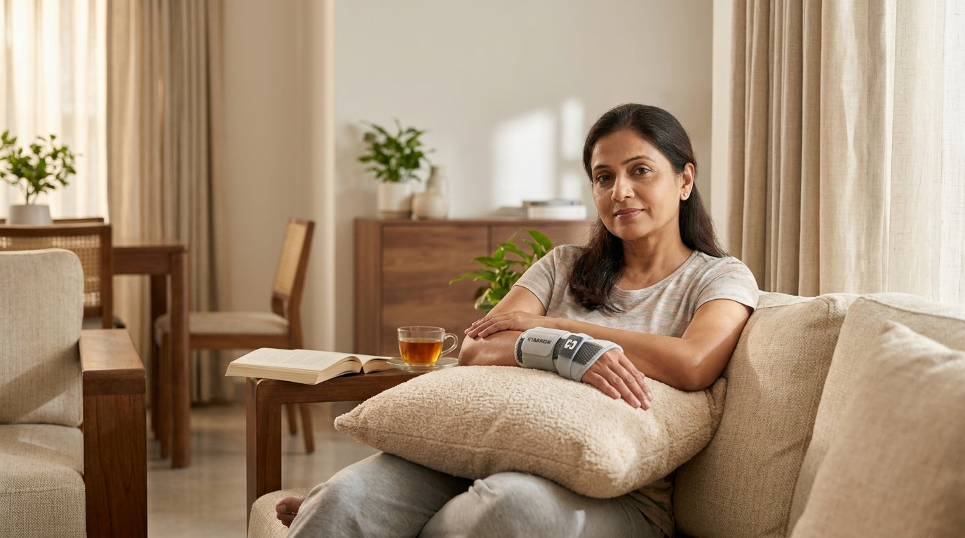 Indian adult resting wrist after mild injury at home.