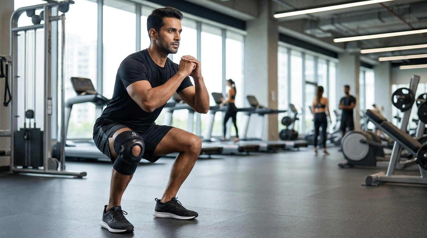 Indian gym user wearing Kinexo Open-Patella Knee Brace during a controlled squat.