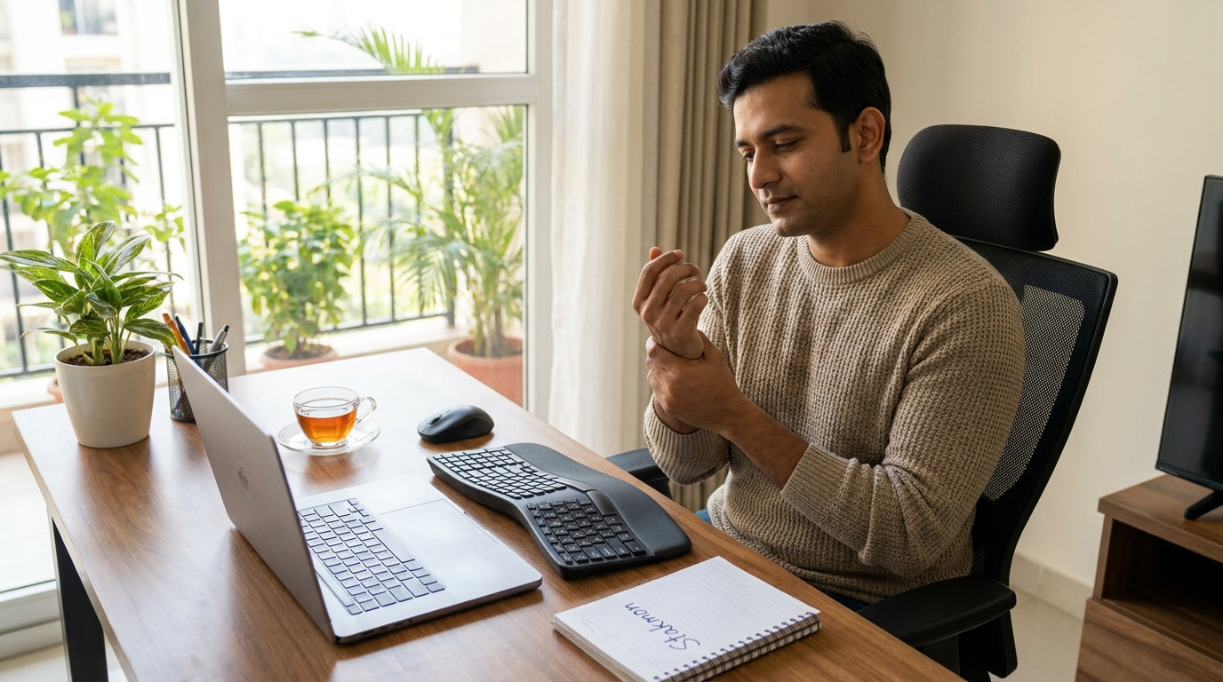 Indian desk worker experiencing mild wrist discomfort after typing.