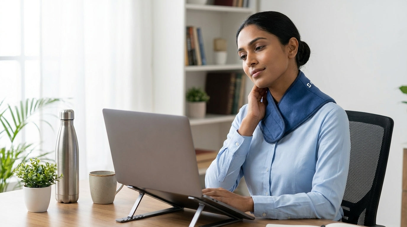 Indian office worker experiencing mild neck stiffness after laptop work.