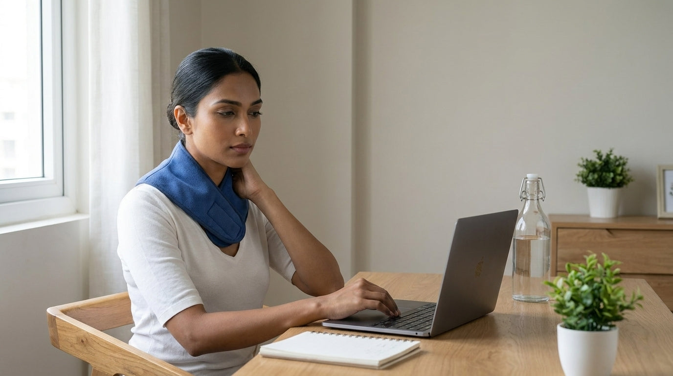 Indian office worker experiencing laptop neck pain during home office work.