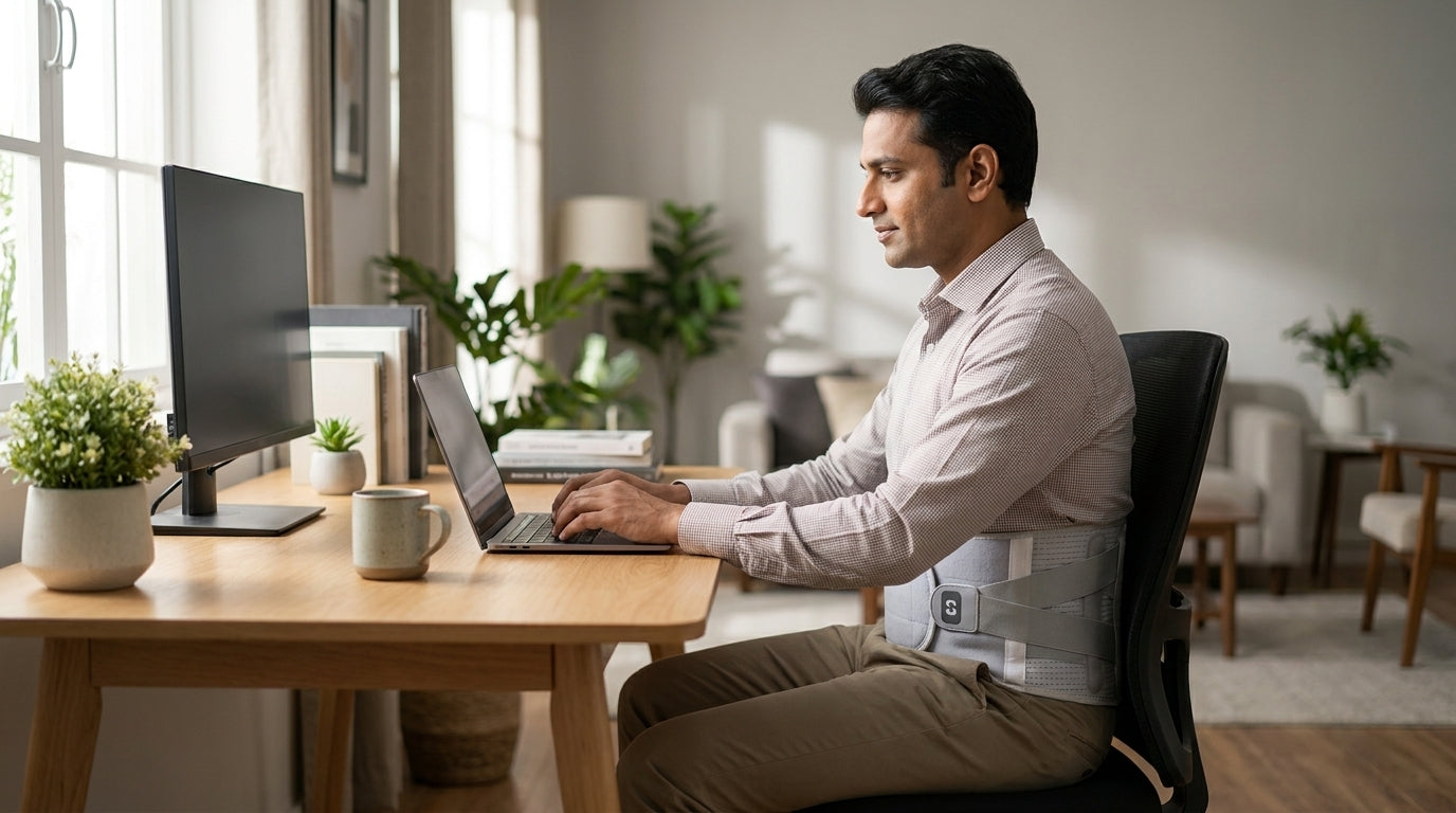 Indian office worker wearing lumbar sacral belt while working