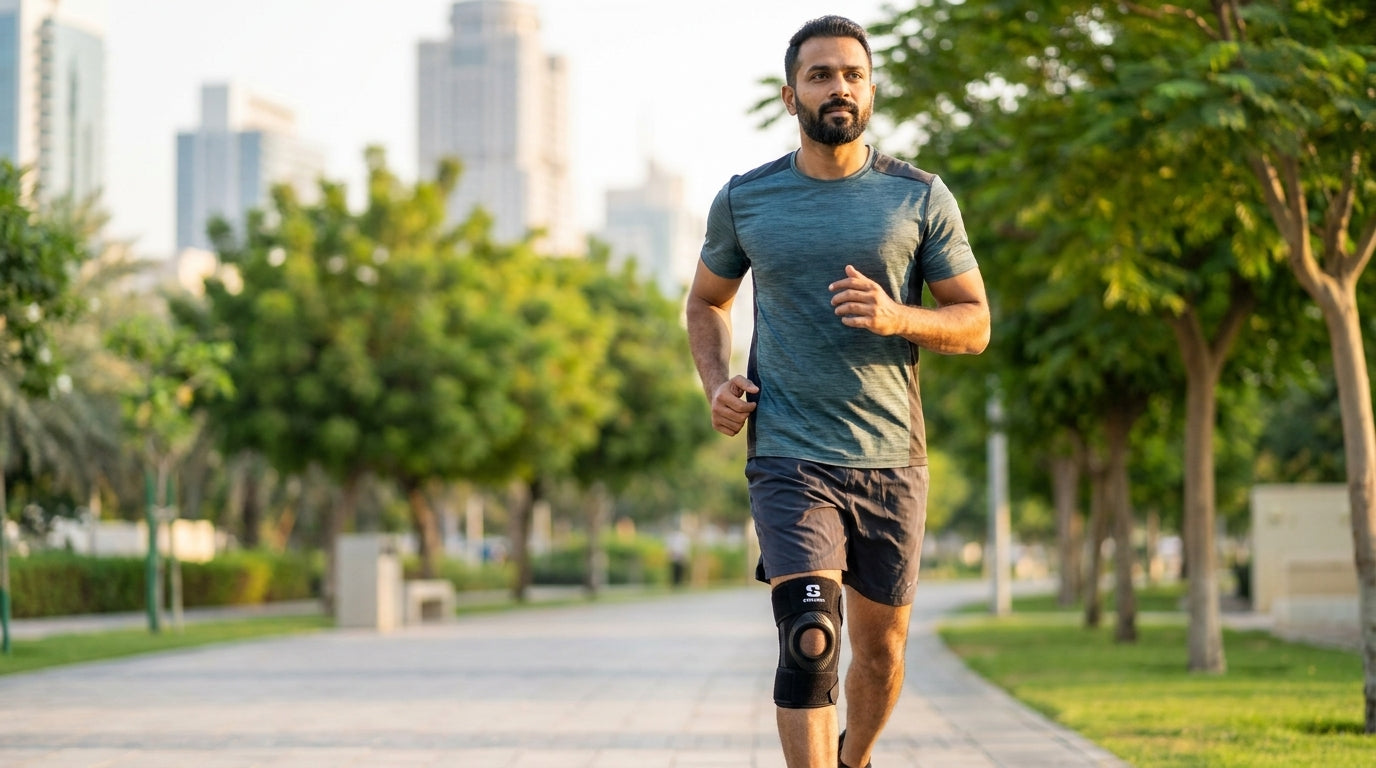 Indian runner wearing Kinexo Open-Patella Knee Brace during a morning jog.