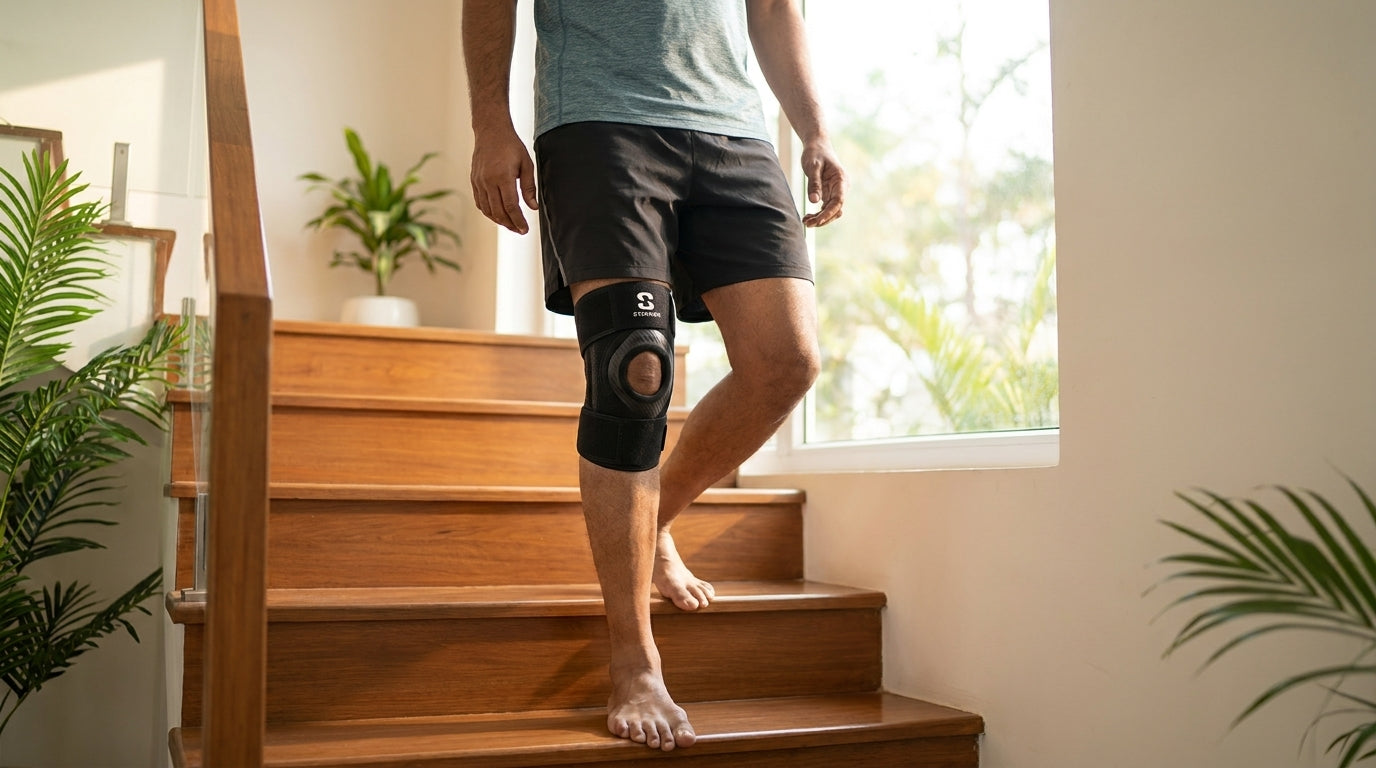 Indian adult wearing open-patella knee brace for daily movement