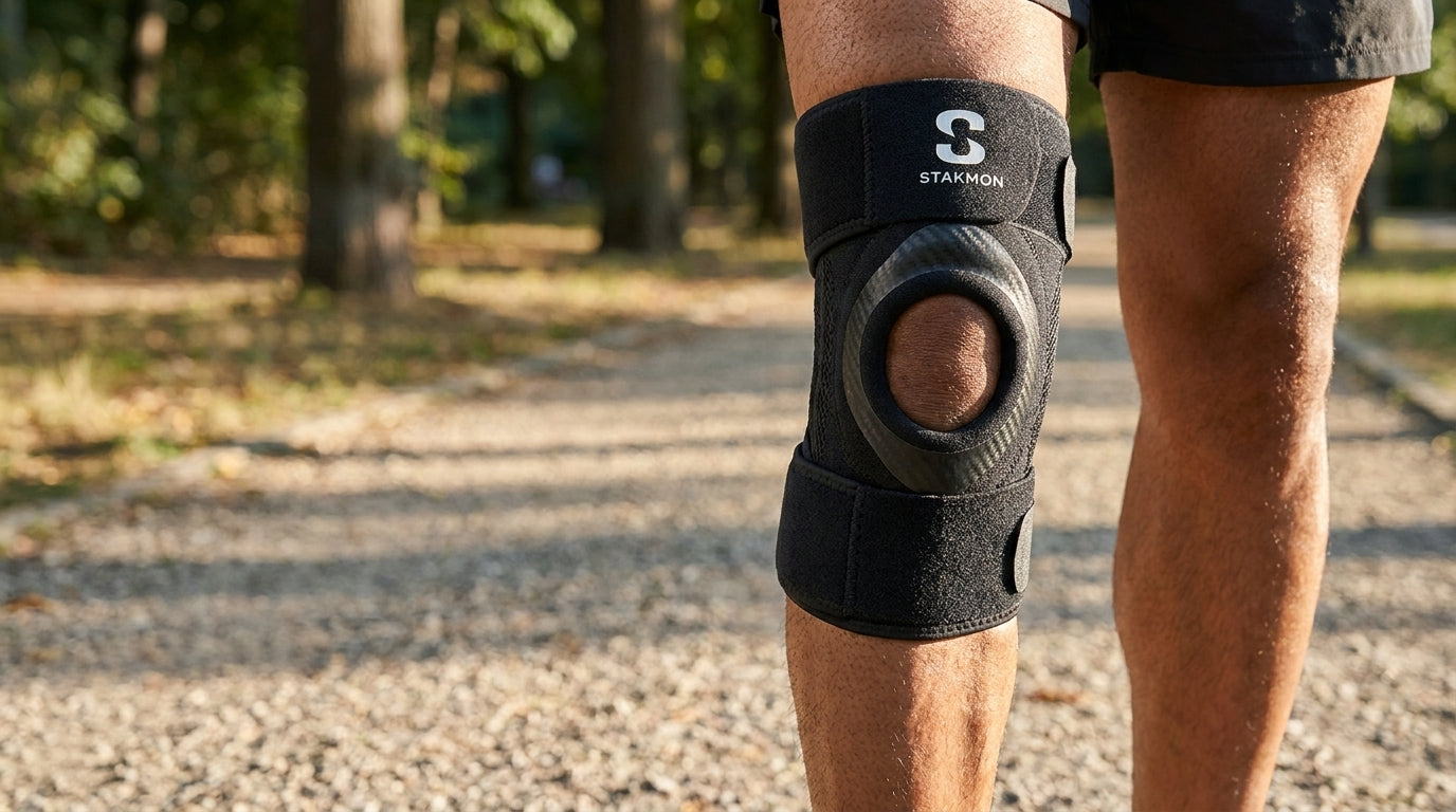 Indian adult sitting after knee discomfort deciding between rest and knee support