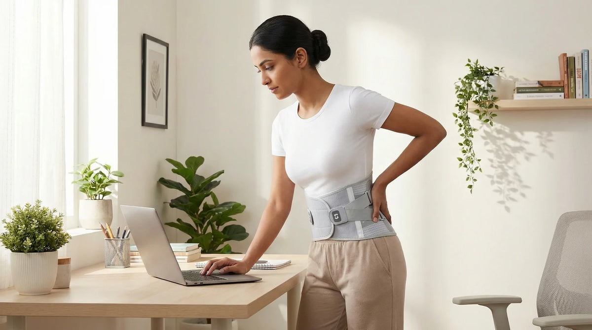 Woman wearing a lumbar support belt from Stakmon orthopedic products