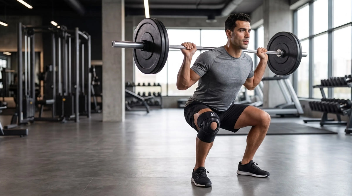 Man doing barbell squats wearing a Stakmon knee brace from its orthopedic products range