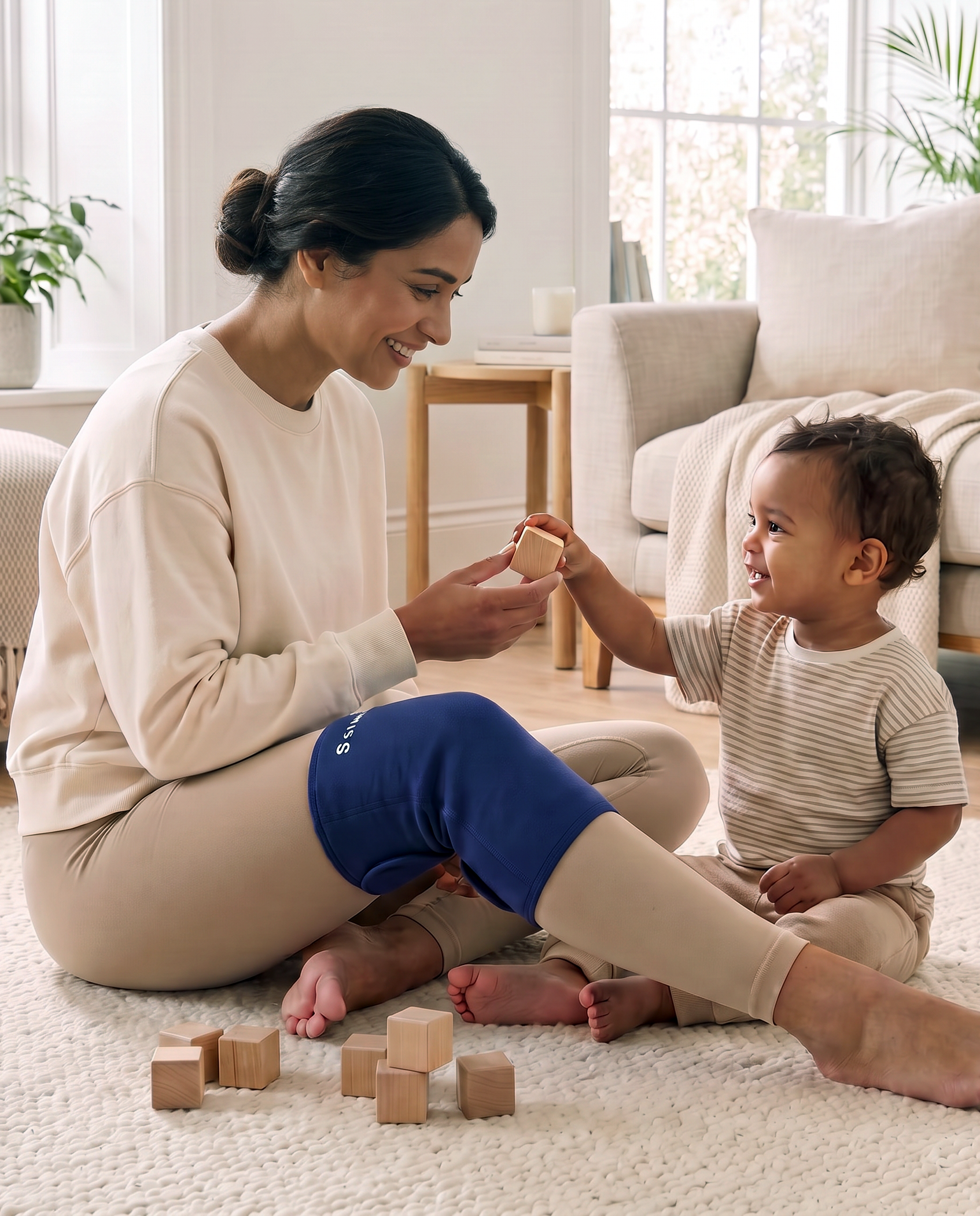 Woman wearing a knee support wrap while playing with her child