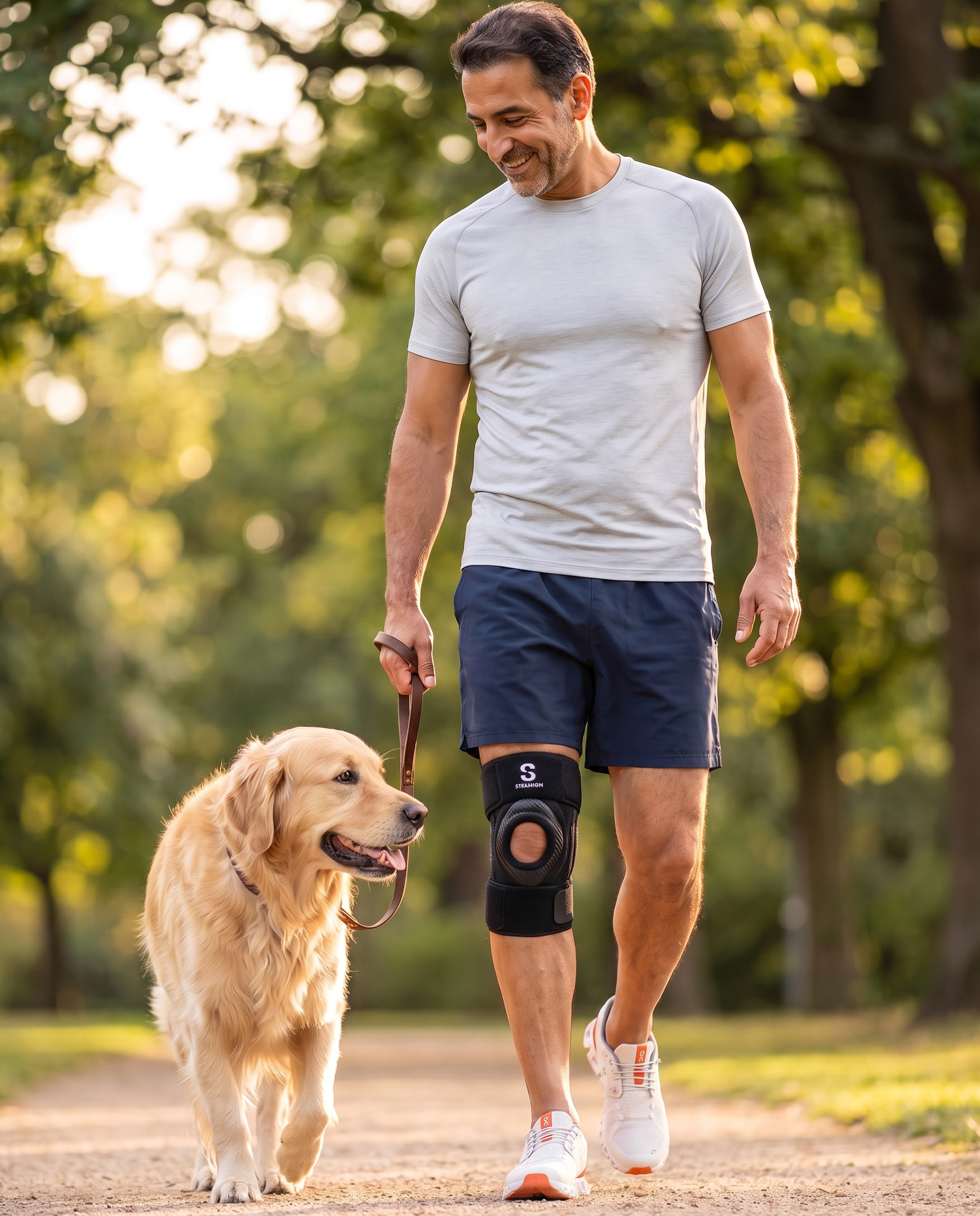 Man wearing a knee brace while walking his dog